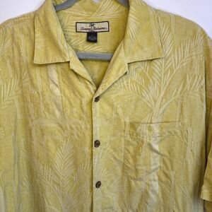 Tommy Bahama 100% Silk Button Up Shirt Med Yellow Palm Print Short Sleeve Camp